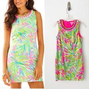 Lilly Pulitzer Mila Tiki Pink Shift Dress 00 100% Cotton Pom Pom Floral